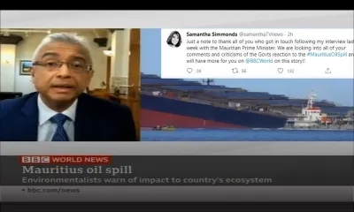 Après l'interview de Pravind Jugnauth sur la BBC : «We will have more for you on @BBCWorld on this story», tweete la journaliste Samantha Simmons