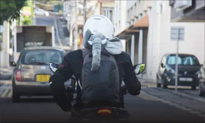Insolite : un motocycliste circulant avec un éléphant en peluche qui dépasse de son sac à dos