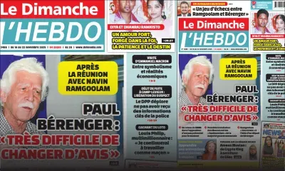 Voici la Une de Le Dimanche/L'Hebdo de ce Dimanche 16 Novembre 2025