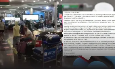 Menace du variant Omicron : quarantaine de sept jours pour les passagers en provenance d’Afrique du Sud ; plus de vols de passagers entre l'Afrique du Sud et Maurice à partir de ce dimanche