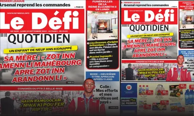 Voici la une du Défi Quotidien de ce lundi 19 Septembre 2022