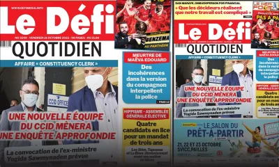 Voici la une du Défi Quotidien de ce vendredi 21 Octobre 2022