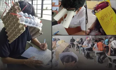 Philippines : des étudiants portent des « chapeaux anti-triche » à un examen