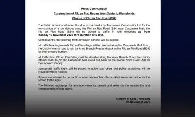 Travaux routiers à Flic-en-Flac : fermeture temporaire de la route B34 à partir du 10 novembre