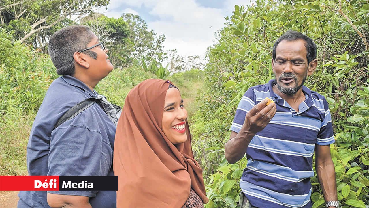 La famille Kurreeman, venue de Plaine-Verte, déguste des goyaves fraîchement cueillies.