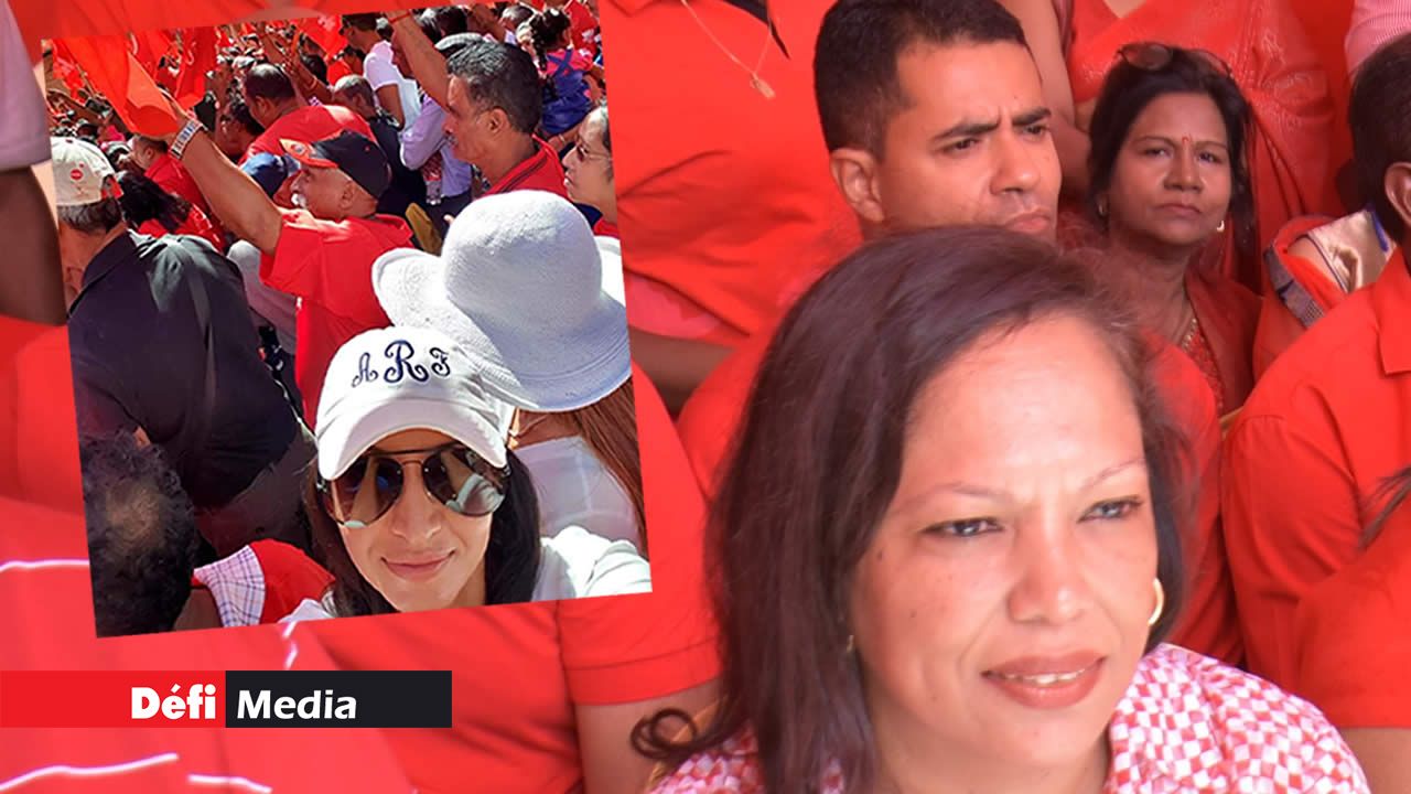 Fabrice David (en arrière plan), fils de James Burty David, était présent au meeting des Rouges. Il était assis parmi les membres du parti sur l’estrade. En médaillon, Adila Rawat qui a publié une photo d’elle dans la foule à Port-Louis, sur son compte Facebook