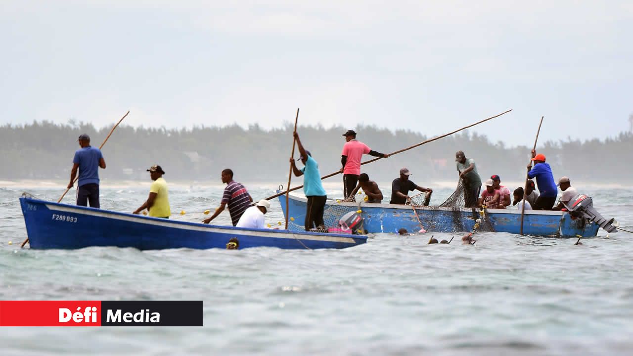 Les pêcheurs remontent leur senne à bord de leur pirogue après plus de 8 heures en mer. Pêche à la senne
