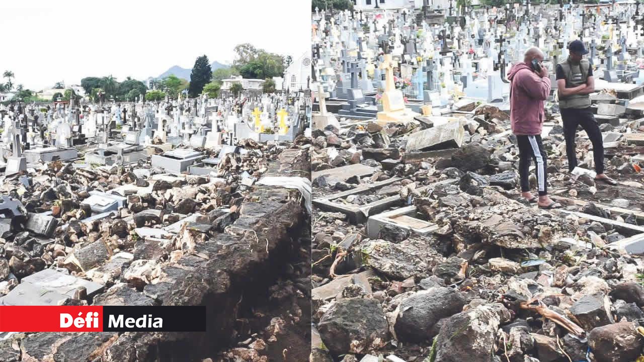 Une partie du mur d’enceinte du cimetière St Jean, longeant la rue, a cédé lors des pluies torrentielles qui se sont abattues sur l’île hier. Des membres de la famille de défunts, dont les tombes ont été détruites, ne peuvent que constater les dégâts.