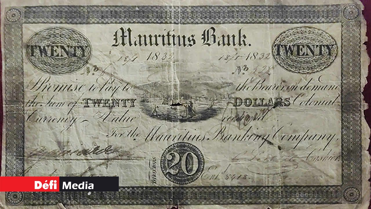 Billet de banque de 20 dollars émis par la Mauritius Bank en 1832.