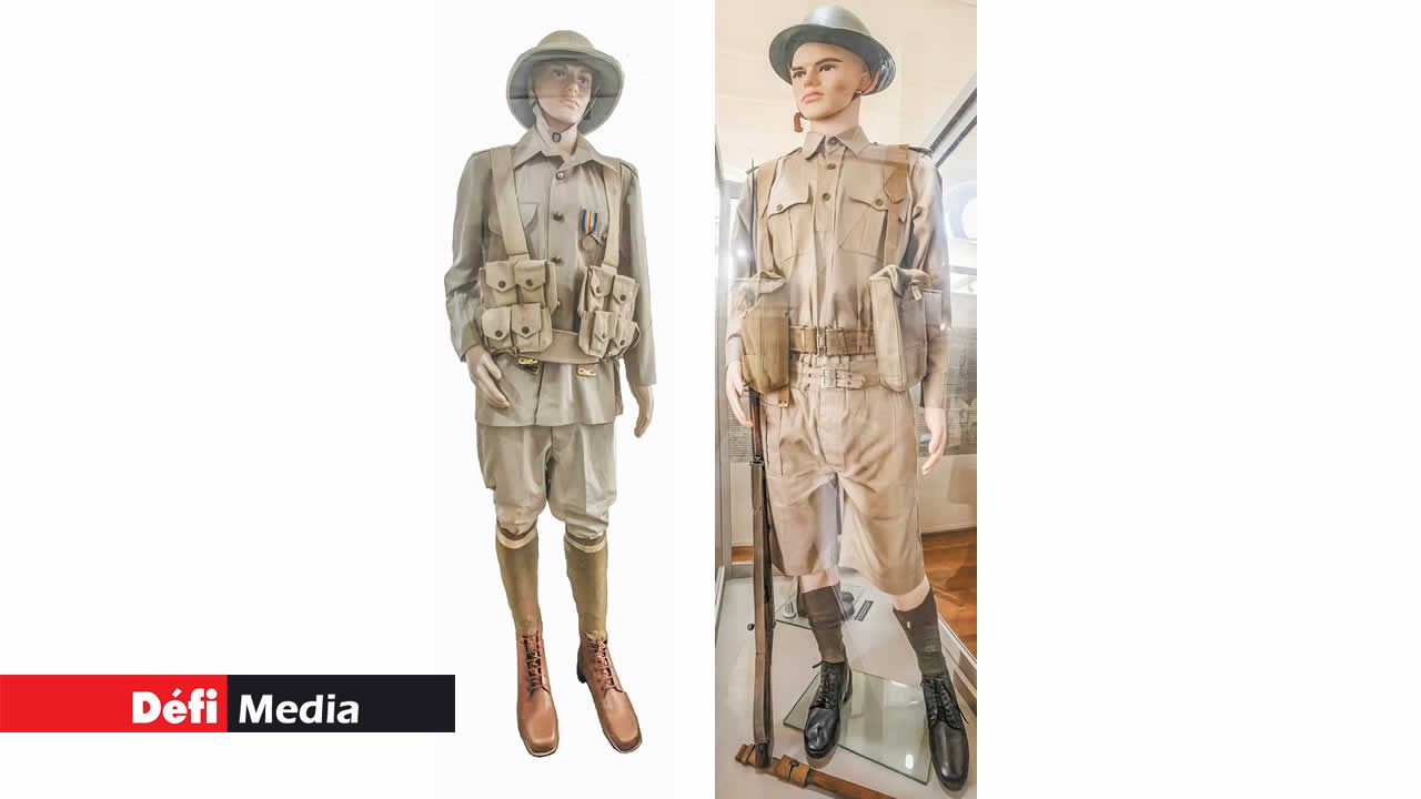 Un des modèles d’uniformes qui a appartenu à un soldat mauricien de la Volunteer Corps pendant la Première Guerre mondiale. Modèle d’uniforme porté par un soldat de première classe. Ce même uniforme était porté par les soldats mauriciens pendant la Seconde Guerre mondiale.