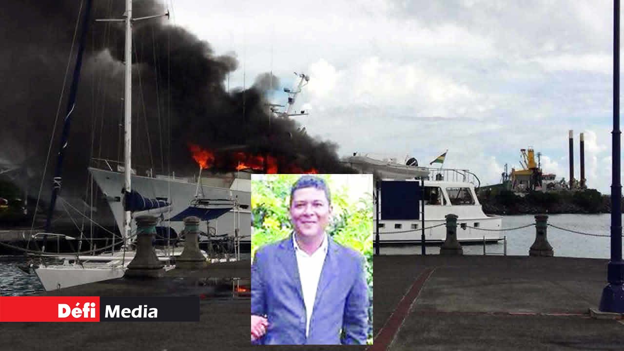 Une épaisse fumée a envahi Le Griffon, amarré au Caudan.  En médaillon, Ravi Seebaruth .