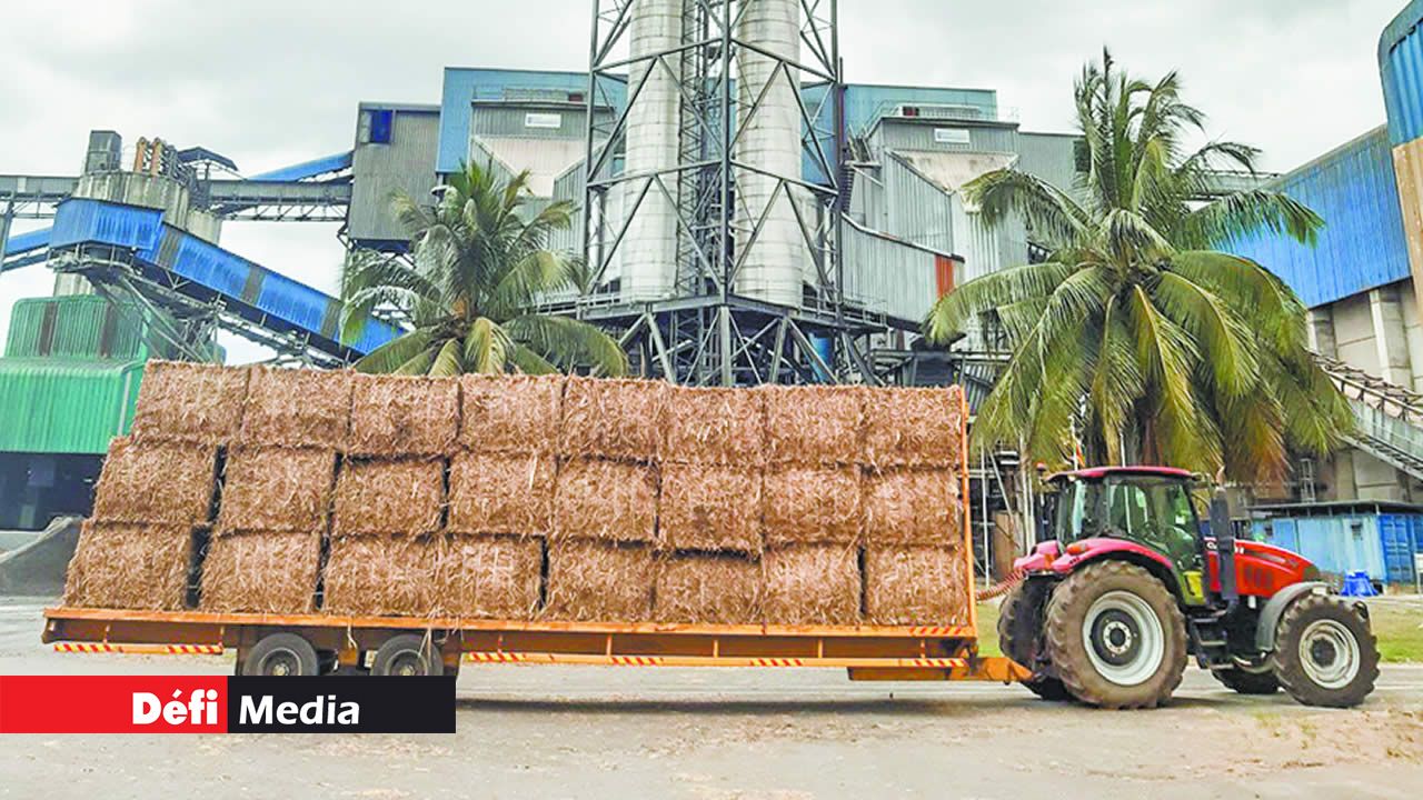 Une remorque transportant des ballots de paille vers la centrale de Terragen.