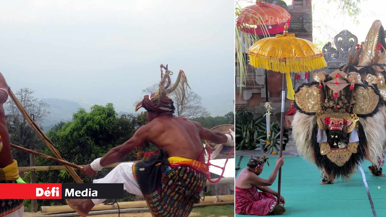 La danse Melo Caci des Manggarai (à droite). À gauche la danse Barong est aussi une des richesses culturelles du pays.