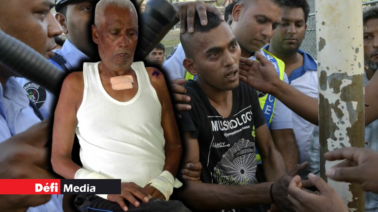 Les proches de Bhai Issoop (à g.) ont lié le présumé agresseur du chauffeur à un poteau, avant que la police n’intervienne pour l’embarquer au poste.