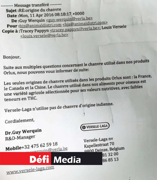 Extrait d’une lettre envoyée à un importateur par Versele-Laga, dont des produits avaient été fournis par Om Lombard au gérant d’une animalerie à Curepipe.