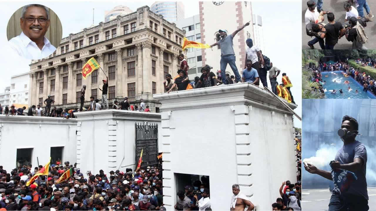 Le président Gotabaya Rajapaksa (en médaillon) a accepté de démissionner la semaine prochaine, après avoir été contraint de fuir sa résidence envahie par des manifestants 